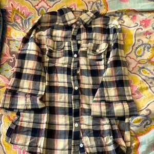 Cream, red, navy, and light blue button up